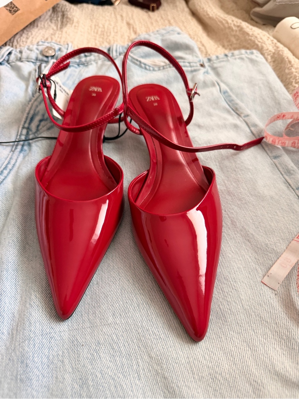 Zara Red Patent Pointed-Toe Ankle-Strap Heels